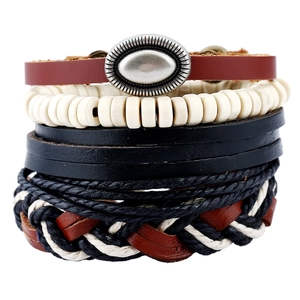 Vintage Punk Men's Leather Bracelet Set Braided Cowhide Hemp Rope Wood Beads Adjustable Stackable Fashion Jewelry Gift