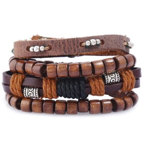 Ensemble de Bracelets en Cuir de Vache Vintage Punk Hommes Femmes Tissé à la Main Perles en Bois Multicouches Bijoux Ethniques