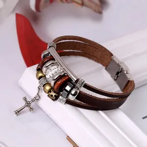 Bracelet multicouche en cuir marron pour homme avec perles en métal et pendentif croix