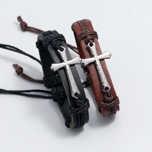 Handcrafted vintage leather bracelets with metal cross and engraved prayer detail
