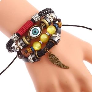 Bracelet Vintage Multicouche en Cuir Tressé Pour Hommes Femmes Ailes Plume Breloque Oeil De Mal Punk Bijoux Style Bohême