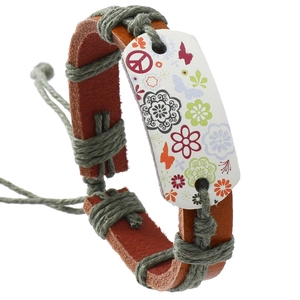 Vintage Bohemian Cowhide Leather Woven Bracelet For Women Flower Butterfly Print Peace Sign Adjustable Hemp Rope Jewelry