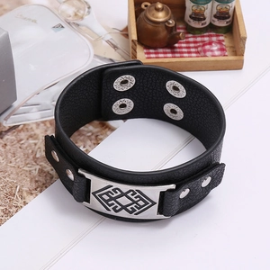 Black leather bracelet with silver geometric metal plate and adjustable studs
