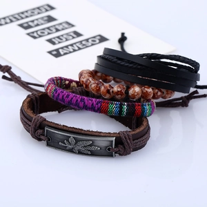 Men's retro multilayer leather bracelet set with woven ropes and maple leaf charm