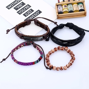 Retro multi-layer men's leather bracelet set with alloy leaf and braided beads