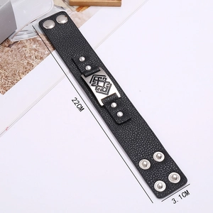 Minimalist black PU leather bracelet with silver studs and geometric engraving, size 22x3.1cm