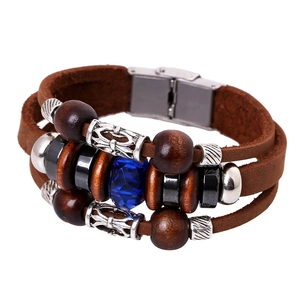 Vintage Multilayer First Layer Cowhide Leather Bracelet Quartz Watch Bohemian Woven Punk Hand Bracelet With Wooden Beads Rhinestone Alloy Charms For Men Women