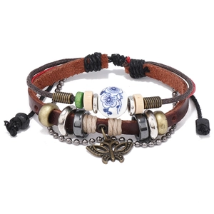 Vintage Multilayer Cowhide Leather Bracelet Men Women Butterfly Pendant Handmade Wood Beaded Ethnic Bohemian Wrap Jewelry