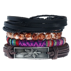Retro Punk Multi-layer Leather Bracelet Woven Rope Beads Alloy Maple Leaf Pendant Vintage Men Jewelry Casual Accessory