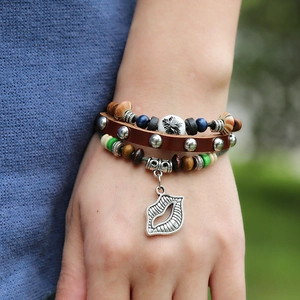 Bohemian multi-layer leather bracelet with colorful wood beads and silver lip charm