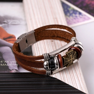 Three-layer brown leather bracelet with cross charms, wooden beads, and magnetic clasp