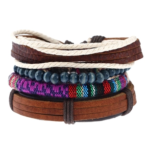 Handmade Braided Leather Bracelet Men Women Vintage Ethnic Style Adjustable Wood Bead Hemp Rope Multi-layer Wristband