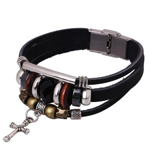 Vintage Punk Cowhide Leather Bracelet For Men Women Cross Pendant Multi-layer Woven Rivet Bracelet Retro Jewelry Gift