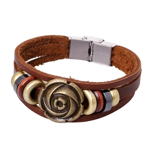 Vintage Punk Multilayer Leather Bracelet For Men Women Braided Leather Cord Bracelet With Metal Rose Charm Retro Ethnic Style Jewelry