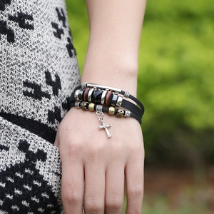 Punk multilayer leather bracelet for men featuring a silver cross pendant and beads