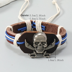 Retro punk leather bracelet with silver skull charm and adjustable woven cord strap
