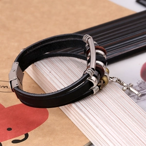 Punk multilayer black leather bracelet with silver cross pendant and wooden beads