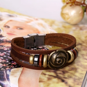 Retro multi-layer leather bracelet with bronze rose relief and magnetic steel clasp