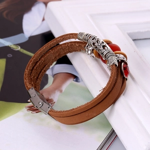 Bohemian multi-layer leather bracelet with silver carvings and red resin beads