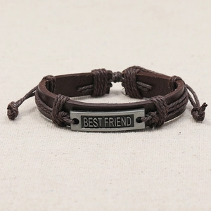 Bracelet rétro en cuir tressé marron avec plaque argentée Best Friend pour unisexe