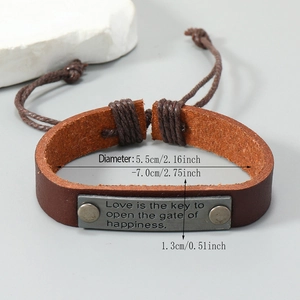 Handmade vintage brown leather bracelet with engraved metal plate and adjustable cord