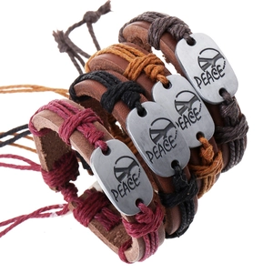 Vintage Punk Woven Cowhide Leather Bracelet For Men Women Handmade Peace Sign Adjustable Hemp Rope Alloy Jewelry Wristband