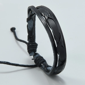 Minimalist multi-layer black braided leather bracelet for men with adjustable cord closure