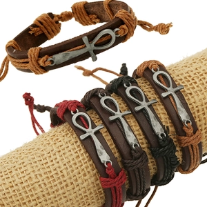 Vintage Men Hand-woven Cowhide Leather Ankh Cross Bracelet Punk Retro Braided Adjustable Rope Jewelry Accessory