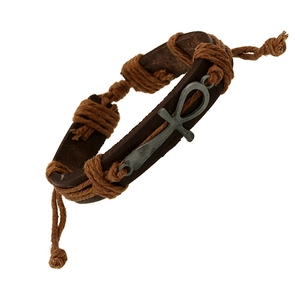 Handmade woven leather bracelet with Ankh charm and adjustable brown hemp rope cord
