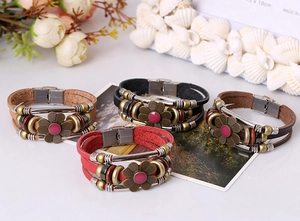 Detail of adjustable vintage multi-layer leather bracelets with stainless steel clasps