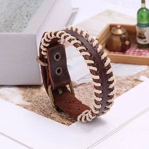 Handmade vintage dark brown leather bracelet with woven stitching and metal buckle