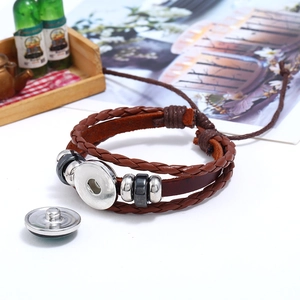 Vintage multilayer woven leather bracelet with silver beads and snap button decoration