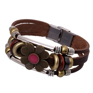 Vintage Handmade Woven Cattle Hide Leather Bracelet Multi-layer Bangle With Stainless Steel Clasp Alloy Flower Charm Bohemian Jewelry