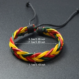 Braided leather bracelet in red yellow green with adjustable knot and 1.1cm width
