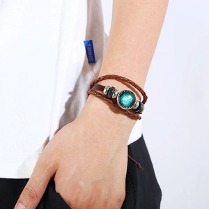 Retro multilayer leather zodiac bracelet with Sagittarius glass charm and metal beads