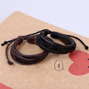 Handmade multilayer braided cowhide leather bracelets set in black and brown finish