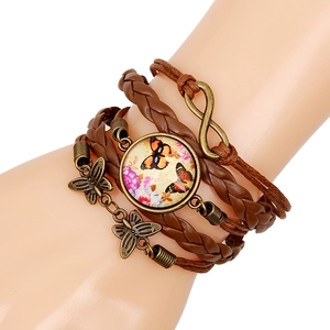 Retro multilayer braided leather bracelet with butterfly charm and infinity symbol