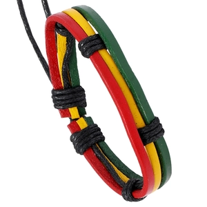 Bracelet tressé Rasta fait main en cuir rouge jaune vert avec cordon noir
