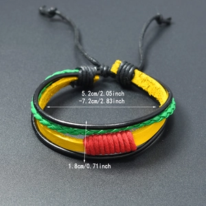 Unisex vintage braided leather bracelet in red yellow and green with adjustable drawstring