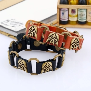 Punk style leather bracelet with vintage bronze links and triangle totem metal plate