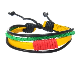 Handmade multilayer braided leather bracelet with Rasta red, yellow and green colors