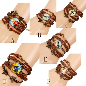 Vintage multilayer braided leather bracelets set with glass cabochon nature motifs