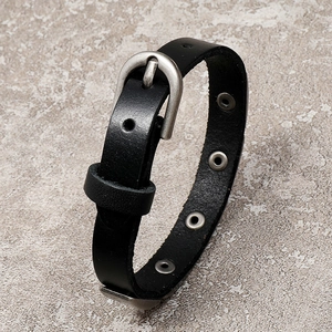 Vintage black leather punk bracelet with adjustable silver buckle for men and women