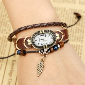 Vintage braided leather multilayer watch with bronze leaf pendant and wood beads