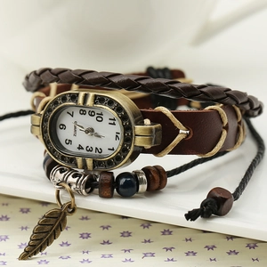 Vintage braided leather wrap watch for men and women with bronze leaf charm and beads