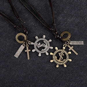 Retro brown leather necklace with silver rudder anchor and cross pendants for men