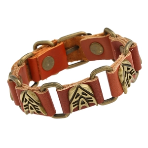 Punk style brown leather bracelet with bronze metal links and geometric tribal patterns