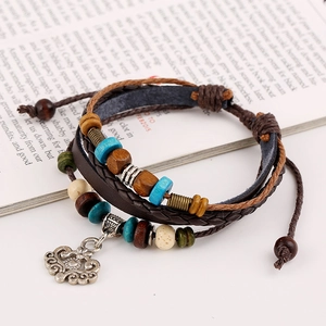 Bohemian multi-layer braided leather bracelet with wooden beads and cloud metal pendant