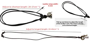 Adjustable black leather cord necklace with engraved metal rings and length measurements