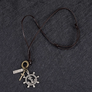 Retro brown cord necklace with rudder and cross pendants, adjustable length for men